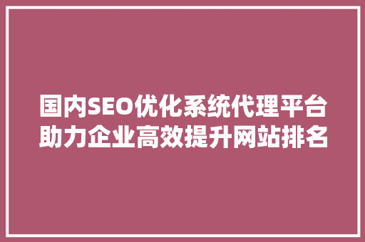 国内SEO优化系统代理平台助力企业高效提升网站排名