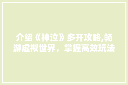 介绍《神泣》多开攻略,畅游虚拟世界，掌握高效玩法