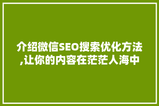 介绍微信SEO搜索优化方法,让你的内容在茫茫人海中脱颖而出