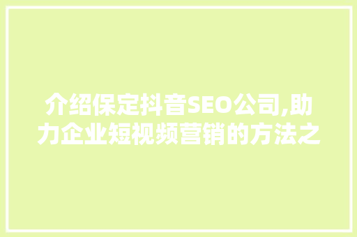 介绍保定抖音SEO公司,助力企业短视频营销的方法之路