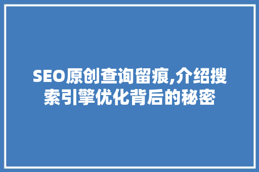 SEO原创查询留痕,介绍搜索引擎优化背后的秘密